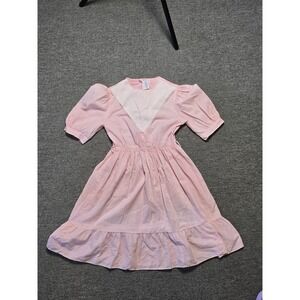 Vintage 70s/80s Girls Prairie Dress Pink Pinstripe Puff Sleeve Ruffle Hem